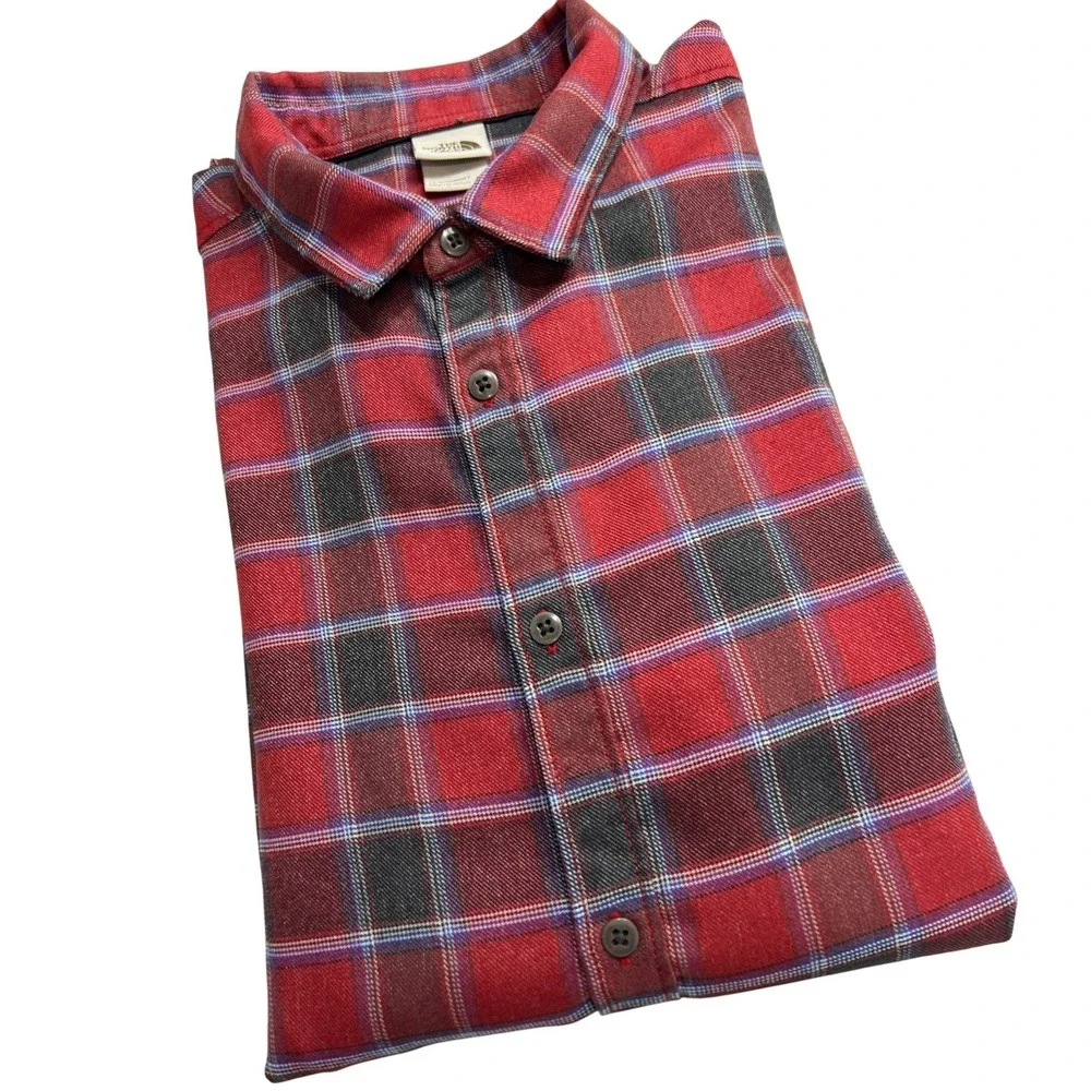 The North Face Plaid Flannel Shirt Mens XXL‎ Red Grey Long Sleeve Button Up C19